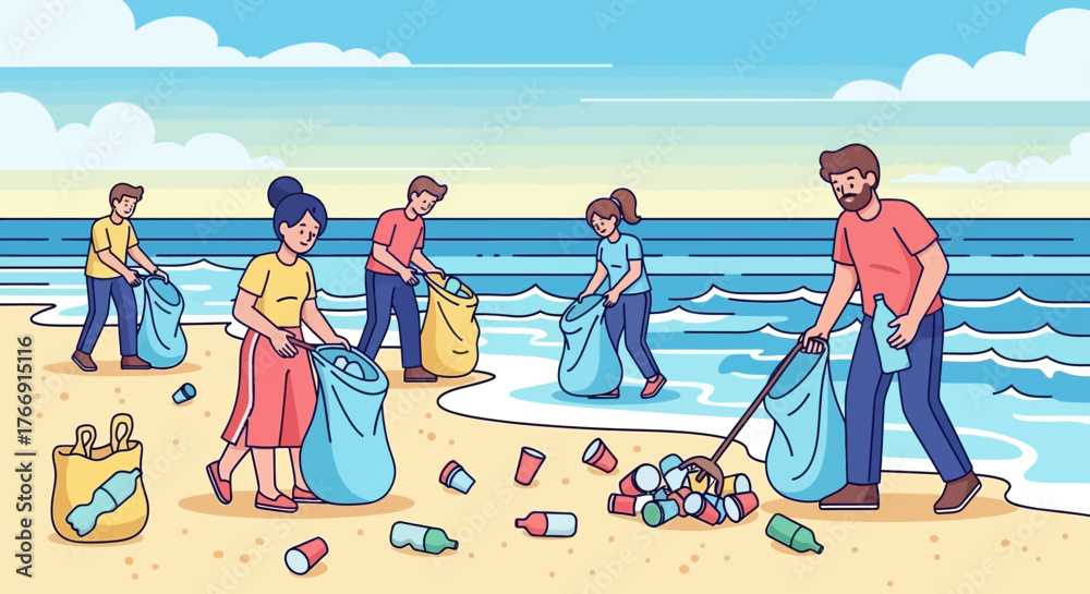 Obraz premium Vector Illustration of People Collecting Trash on Beach in Modern Flat Style with Bright Colors