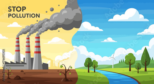 Vector Illustration of Environmental Pollution and Clean Nature in Modern Flat Style with Bright Colors