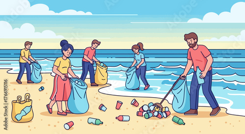 Vector Illustration of People Collecting Trash on Beach in Modern Flat Style with Bright Colors