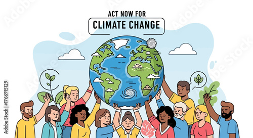 Vector Illustration of Diverse People Holding Earth Globe for Climate Change Awareness in Modern Flat Style