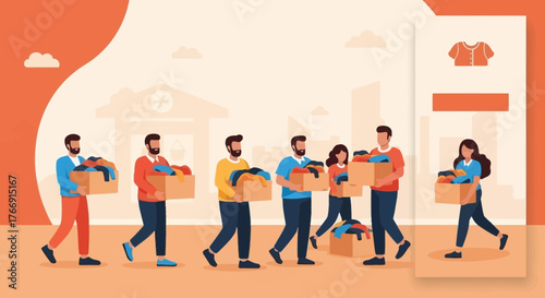 Vector Illustration of People Shopping in Retail Store in Modern Flat Style with Warm Color Palette