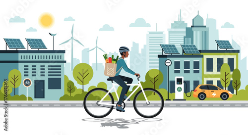 Vector Illustration of Eco Friendly Bicycle Commuter with Cityscape and Renewable Energy Elements in Modern Flat Style