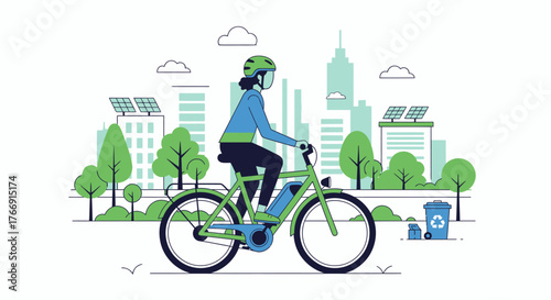Modern Vector Illustration of Person Riding Bicycle in Cityscape with Green Trees and Solar Panels in Flat Style
