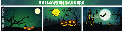 Halloween vector banners with haunted houses and pumpkins
