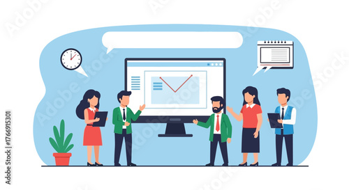 Professional Vector Illustration of Business Team Analyzing Data on Digital Screen in Modern Style with Blue Green Red Colors