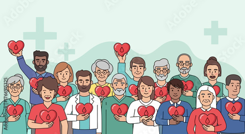 Vector Illustration of Diverse Medical Professionals Holding Hearts in Modern Style