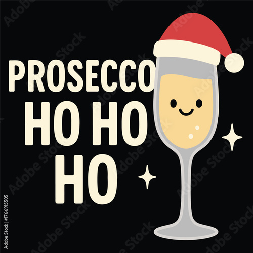 Prosecco Ho Ho Ho Cartoon Champagne Glass with Santa Hat and Sparkles in Flat Vector Style