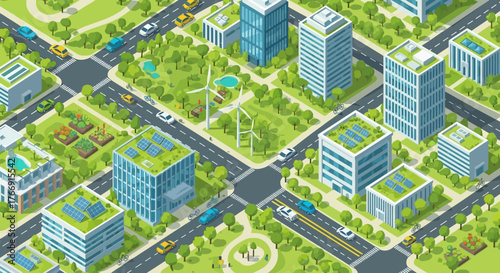 Vector Illustration of Modern Cityscape with Skyscrapers Green Spaces and Roads in Minimalist Style for Urban Design and Commercial Use