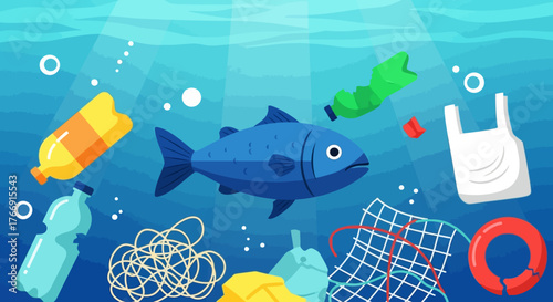 Vector Illustration of Underwater Scene with Fish Plastic Trash and Ocean Elements in Modern Flat Style