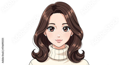 Digital illustration of a young woman with long brown hair and a beige turtleneck sweater against a plain white background.