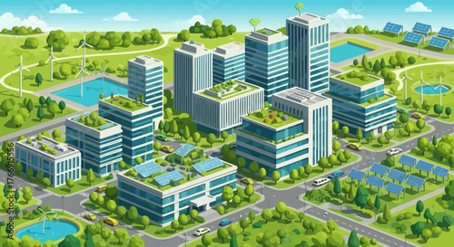 Modern Vector Cityscape Illustration with Skyscrapers Green Rooftops and Wind Turbines in Minimalist Style