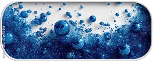 Dynamic scene of blue bubbles floating on a vibrant white background