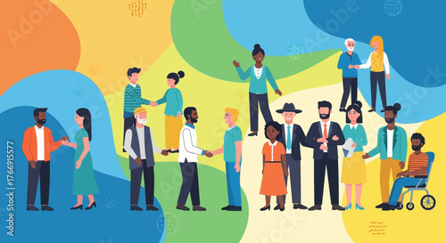 Vector Illustration of Diverse People Engaging in Social Interaction in Modern Flat Style with Bright Color Palette