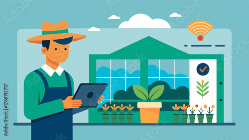 A farmer remotely monitors their greenhouse temperature and humidity levels through an internetconnected sensor system.. Vector illustration
