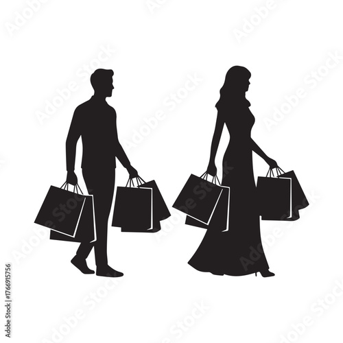 Silhouette of man and woman holding shopping bags, sale, retail, and lifestyle concept illustration. Perfect for store ads, posters, and e-commerce designs.