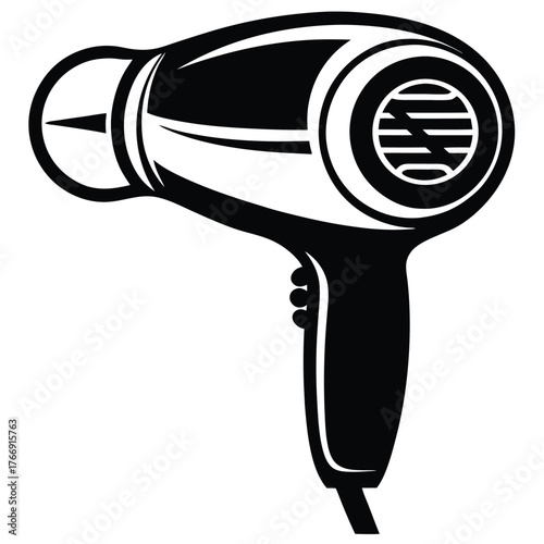 Black and white simple drawing portrays a modern hair dryer appliance for styling hair