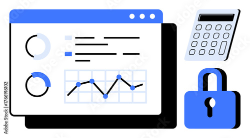 Analytical dashboard with graphs, pie charts, and data visualization alongside a calculator and padlock. Ideal for finance, data security, productivity, technology, analysis, monitoring