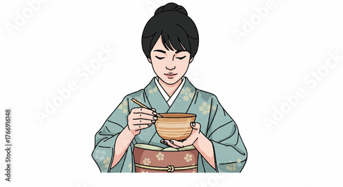 A woman in a traditional Japanese kimono holds a tea bowl with both hands and a spoon in her right hand on a plain white background.