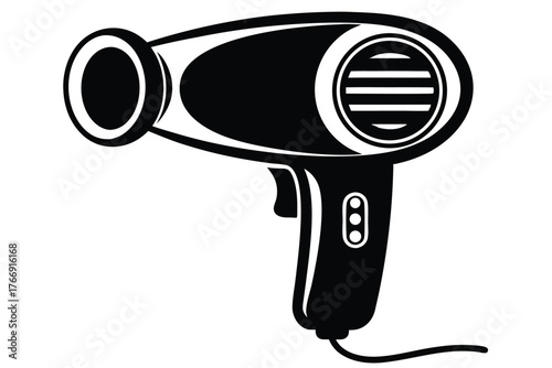 A monochrome illustration showing an isolated hair dryer device with switch and cord details