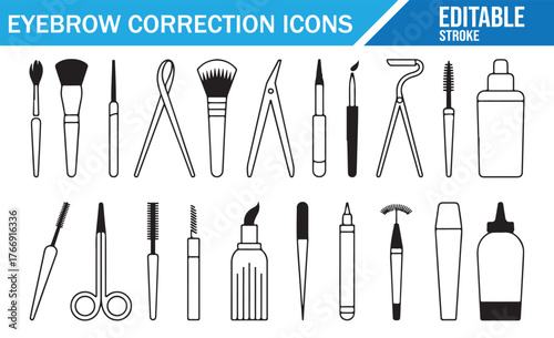 Outline vector pack of eyebrow shaping tools, cosmetics, and makeup accessories