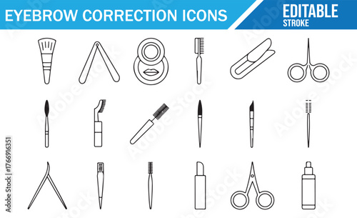 Editable stroke vector icons of eyebrow care, shaping, and beauty products in line style
