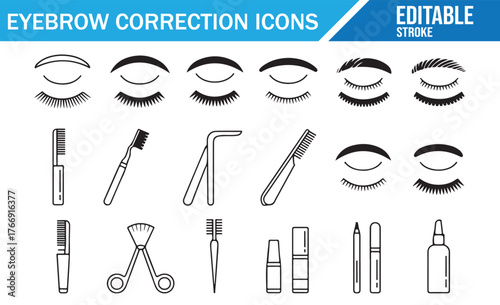 Makeup and grooming accessories vector collection, eyebrow and lash correction icons