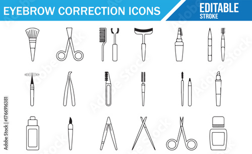 Beauty salon eyebrow shaping vector icons, tweezers and cosmetic tools line illustrations