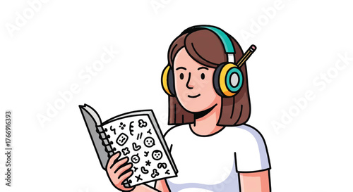 A cartoon woman wearing headphones reads a book with various symbols on the cover against a plain white background.