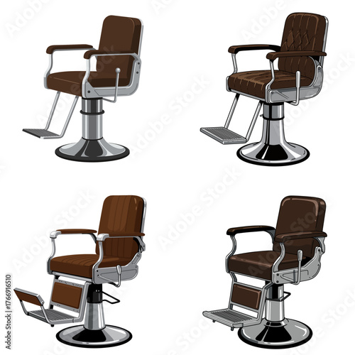 Barber shop chairs in various positions and designs on white background  