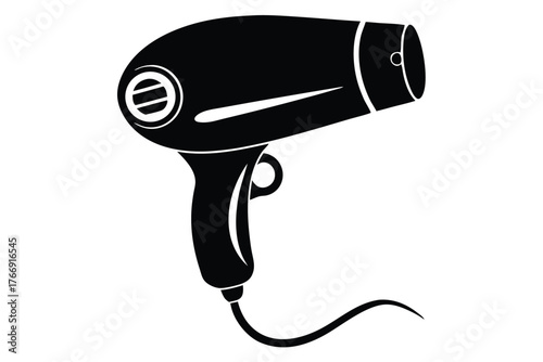 Sleek black hairdryer icon showing the simple style and functional design on a white backdrop