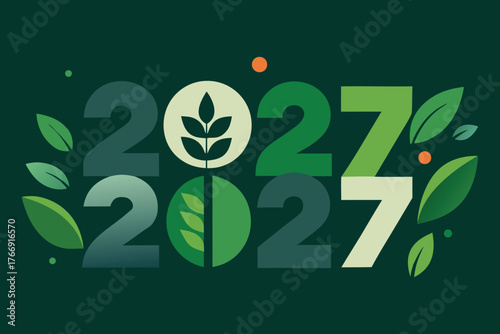 Happy New Year 2027 Nature Theme Green Minimalist Vector on White Background