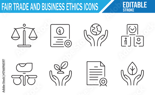 Set of fair trade and business ethics vector icons in editable stroke style, including justice scales, sustainability, equality, global responsibility, and corporate social responsibility outline illu