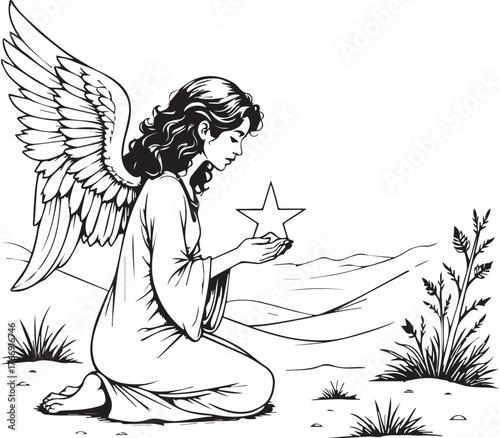 An angel tenderly cradles a radiant star, a symbol of hope and divine guidance, against a serene backdrop.
