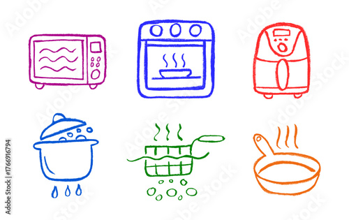 Cooking Instruction Icons Oven Microwave Frying Boiling Crayon Chalk Drawing Doodle Vector Set