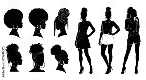 Diverse Black women silhouettes showcasing stylish hairstyles and fashion