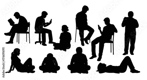 Diverse people silhouettes in casual poses, modern lifestyle, business concepts