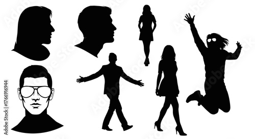 Diverse people silhouettes celebrating life in dynamic poses and styles