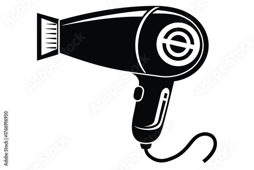 Black silhouette hair dryer with electrical cord shown on the white background