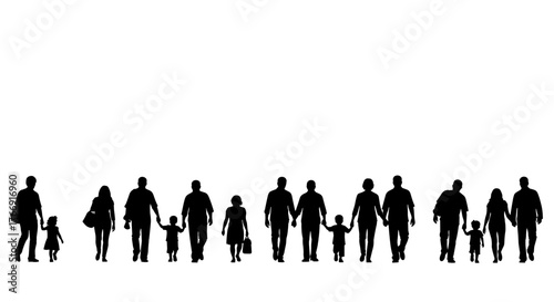 Diverse family groups walk together holding hands creating connection and unity