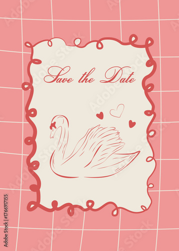 Valentine's Day card Swan and hearts  in a frame on a striped background Vector illustration