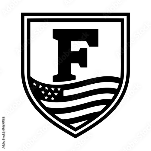 Shield emblem featuring bold letter f and american flag detail for patriotic branding isolated on transparent background