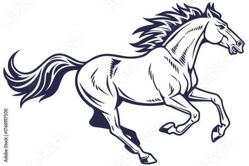 Powerful dark blue horse illustration galloping with flowing mane and tail against white background