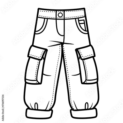 Cargo pants with pockets and rolled legs for boy outline for coloring on a white background