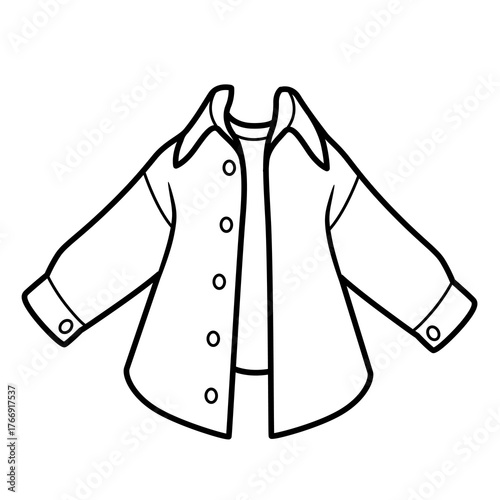 Unbuttoned shirt with a visible T-shirt for boy outline for coloring on a white background