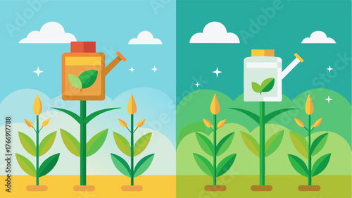 A before and after comparison image of a crop field showing the significant improvement in growth and yield after using a smart fertilizer dispenser.. Vector illustration