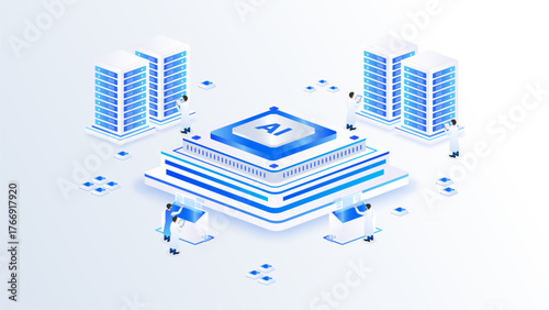 Artificial intelligence central ai processor isometric vector illustration. concept of a scientist analyzing an AI server center.