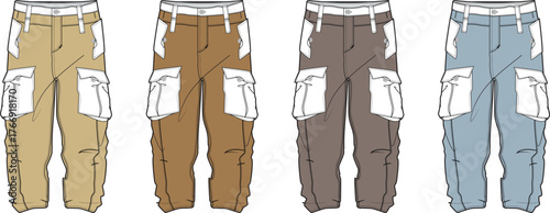 Fashion design template featuring a set of men's multi-pocket utility cargo pants in four different color variations for apparel concepts