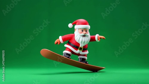 Animated santa claus figurine performing snowboarding tricks on green background loop