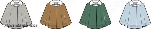 Fashion illustration of four different colored capes, showcasing stylish outerwear options for various occasions