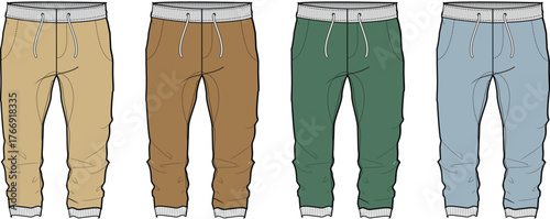 Four pairs of various color sweatpants technical design illustration, perfect for fashion design and apparel